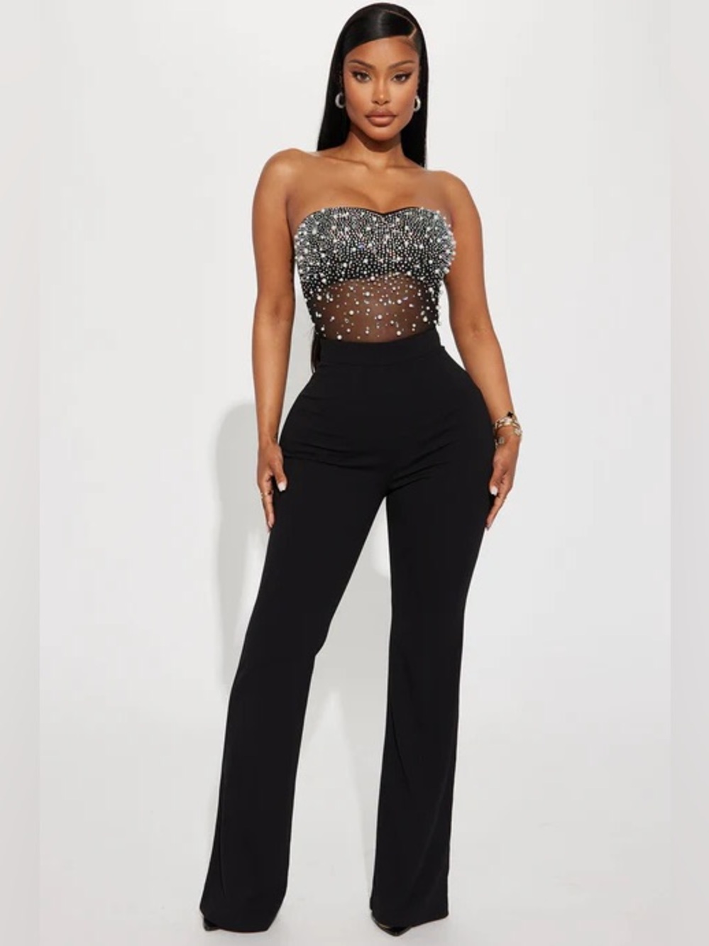 Fashion Nova Black Strapless Embellished Mesh Bodice Jumpsuit